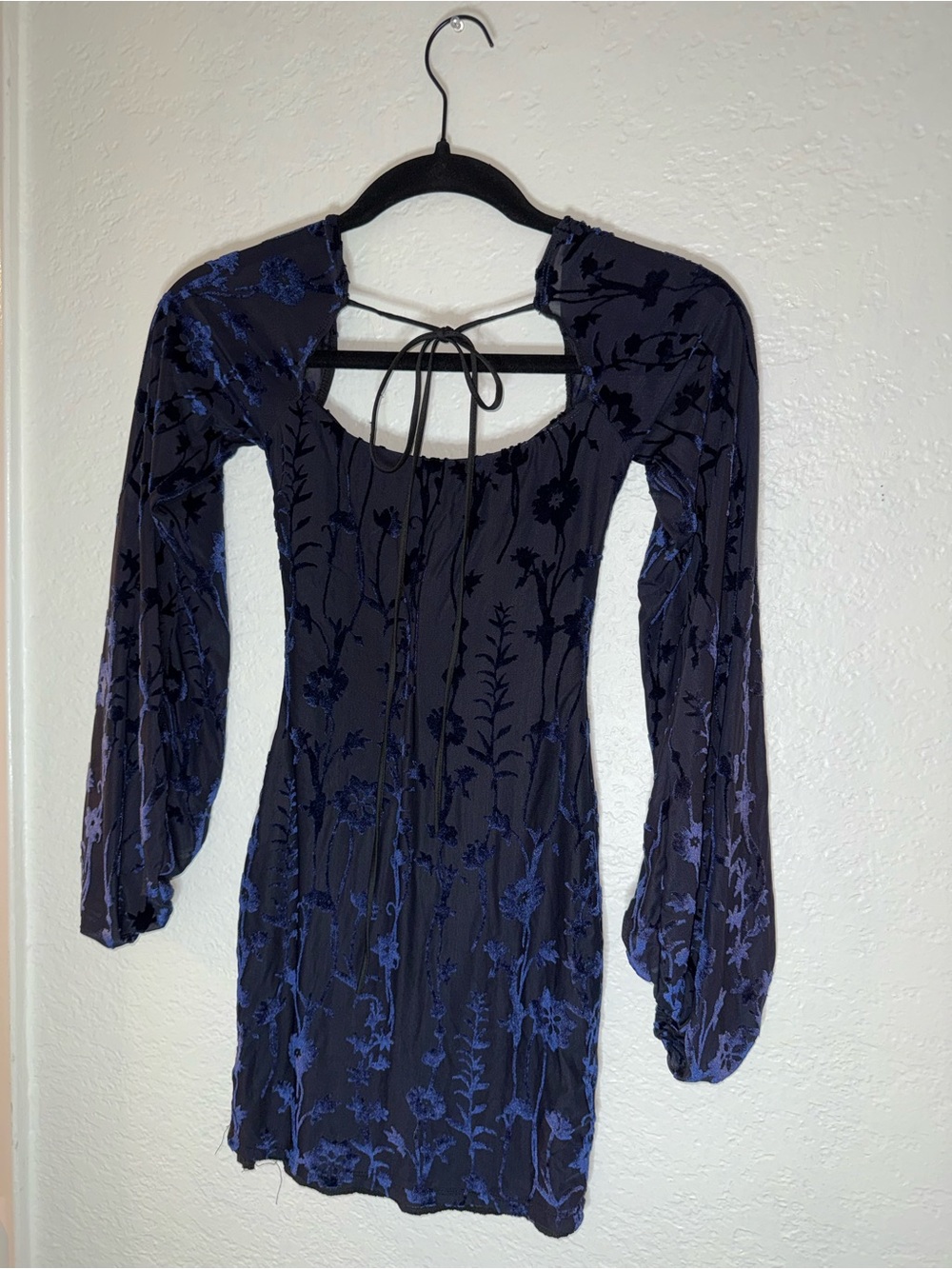 Lucy in the Sky Navy Blue Floral Burnout Long Sleeve Mini Dress